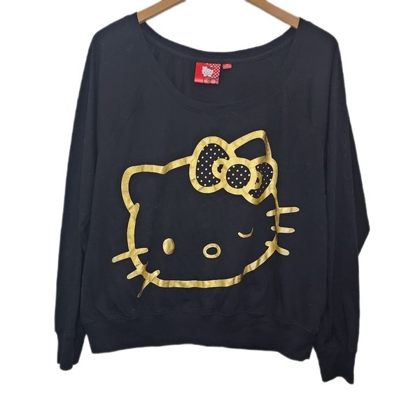 Hello Kitty Sweaters - HELLO KITTY Womens Black & Gold Logo Long Sleeve Lightweight Sweater - 2X